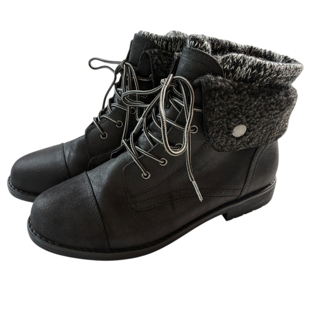 White Mountain Womens Black Faux Leather Knit Cuff Lace Up Combat Boots Size 10W